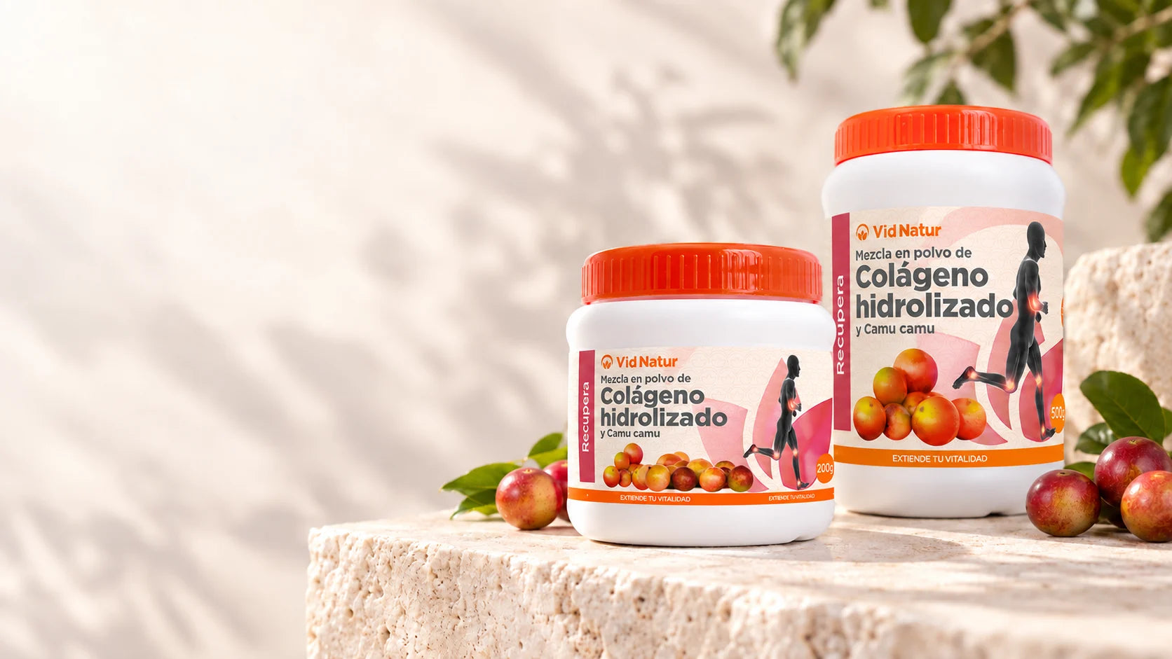 Colágeno hidrolizado con Camu Camu Vid Natur en presentaciones de 200 g y 500 g.