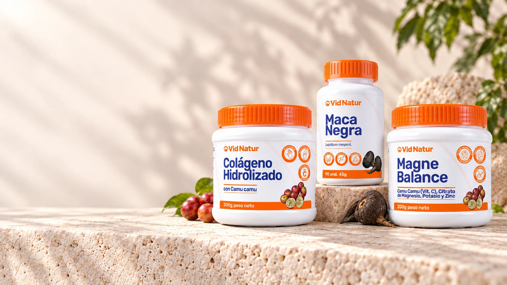 Colágeno hidrolizado, Maca Negra y Magne Balance de Vid Natur con sus etiquetas actuales.