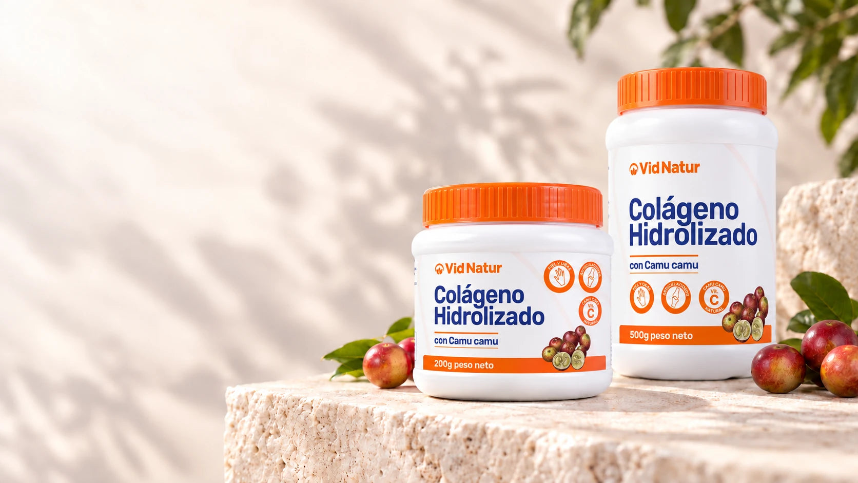 Colágeno hidrolizado con Camu Camu Vid Natur en presentaciones de 200 g y 500 g.
